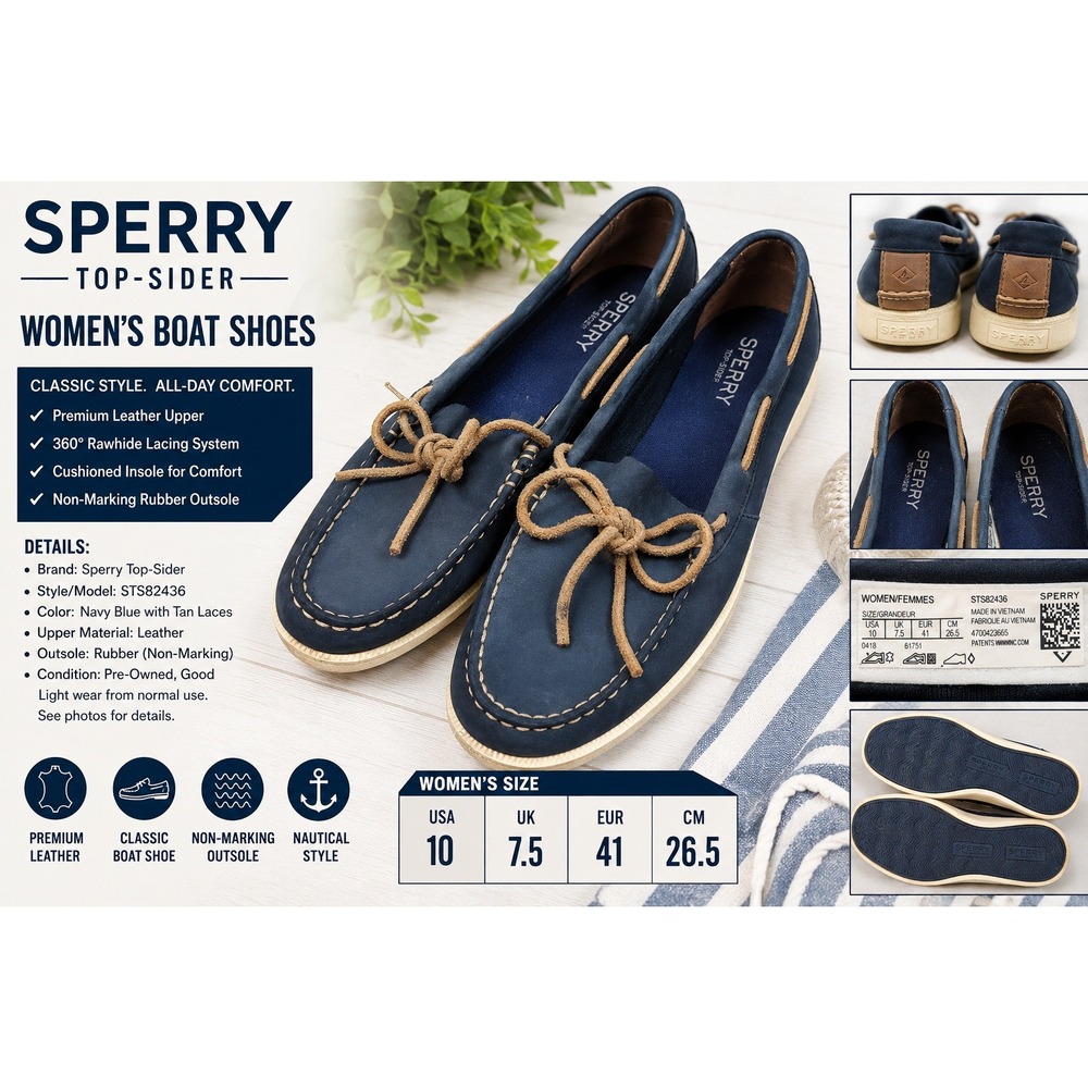 Sperry Top-Sider Womens Boat Shoes Navy Blue Leather STS82436 Size 10